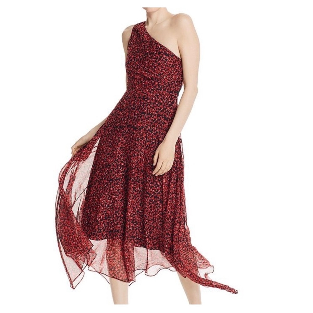 SAU LEE Priscilla One Shoulder Midi Dress Size 0 Red Black NEW Chiffon‎ Floral